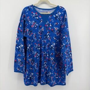 Woman Within Thermal Top Blue Floral Womens 1X Long Sleeve Waffle Knit Tunic